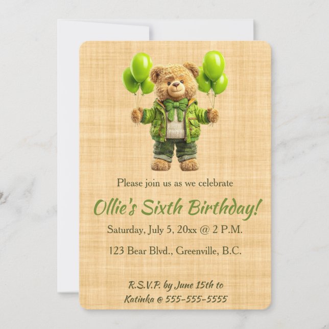 Invitación Cumpleaños de oso editable con globos verdes (Anverso)