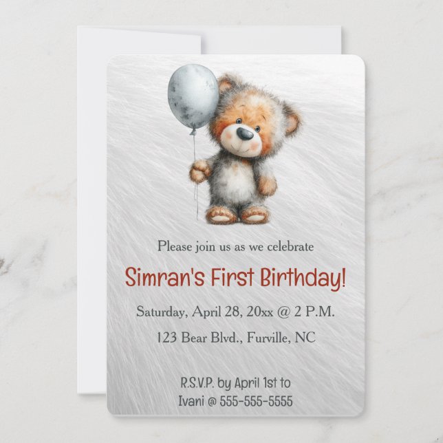 Invitación Cumpleaños de oso editable y un globo (Anverso)