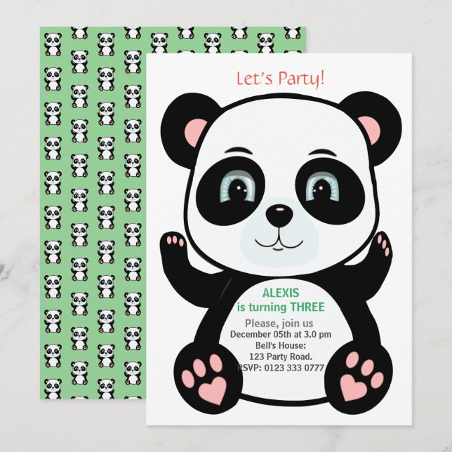 Invitación Cumpleaños de oso panda lindo (Anverso / Reverso)