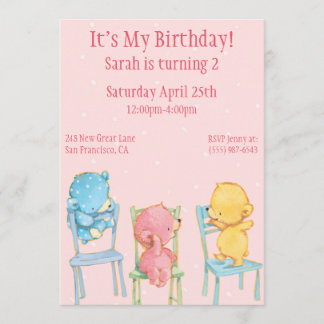 Invitación Cumpleaños de osos amarillos, rosados y azules