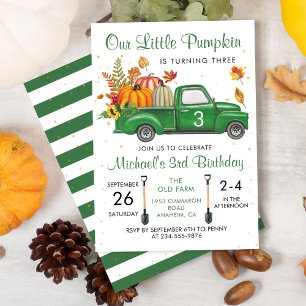 Invitación Cumpleaños de Otoño Calabaza Hojas Camión Verde En