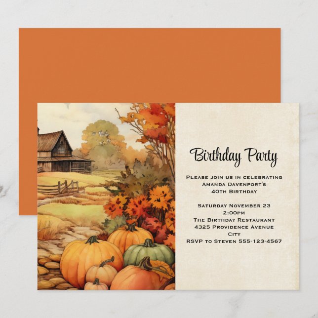 Invitación Cumpleaños de otoño cosecha de calabazas granja (Anverso / Reverso)