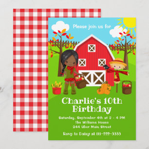 Invitación Cumpleaños de otoño Granja Niña de piel oscura