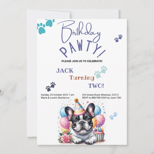 Invitación Cumpleaños de Padilla de Nacimiento de Perro Bulld (Anverso)