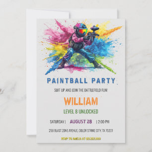 Invitación Cumpleaños de paintball con salpicaduras de acuare