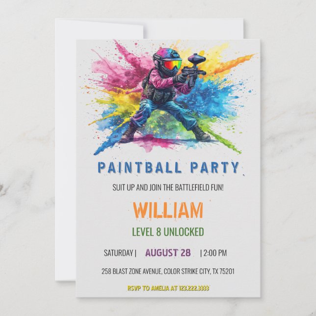 Invitación Cumpleaños de paintball con salpicaduras de acuare (Anverso)