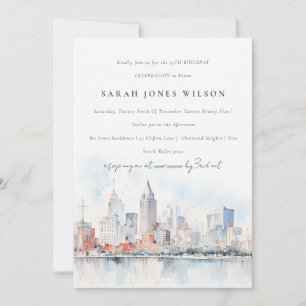 Invitación Cumpleaños de paisaje al acuarela de Detroit Michi
