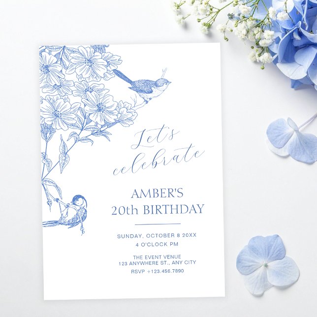 Invitación Cumpleaños de pájaro botánico artístico azul (Subido por el creador)