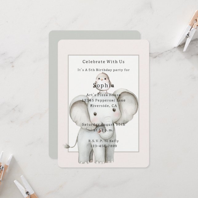 Invitación Cumpleaños de pájaro elefante lindo (Anverso/Reverso In Situ)