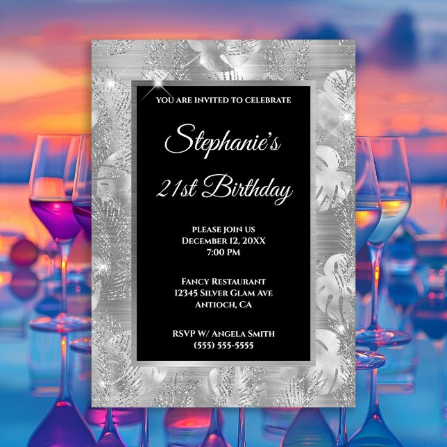 Invitación Cumpleaños de Palma con Brillo Plateado y Hojas de (Silver Glitter Palm and Monstera Leaves Birthday Invitation)