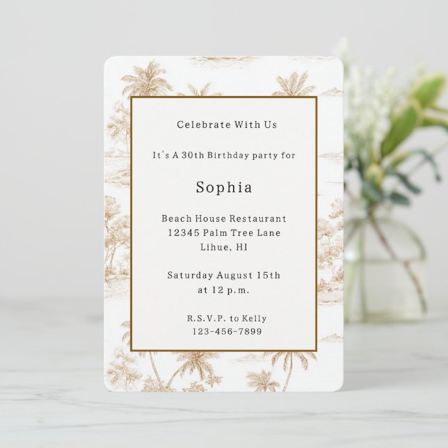 Invitación Cumpleaños de Palma Tropical Isla Marrón Crema (Anverso de pie)