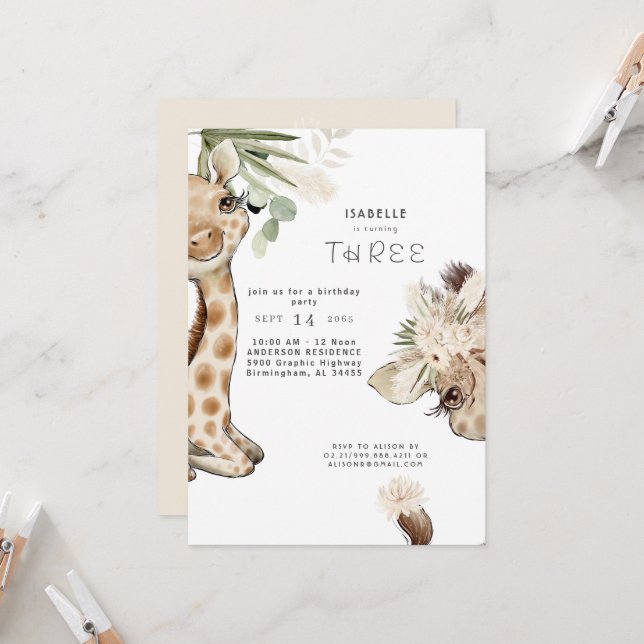 Invitación Cumpleaños de Pampas Boho Cute de Jirafa Bebé  (Anverso/Reverso In Situ)