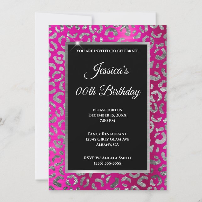 Invitación Cumpleaños de papel de aluminio Leopardo Rosa Cali (Anverso)