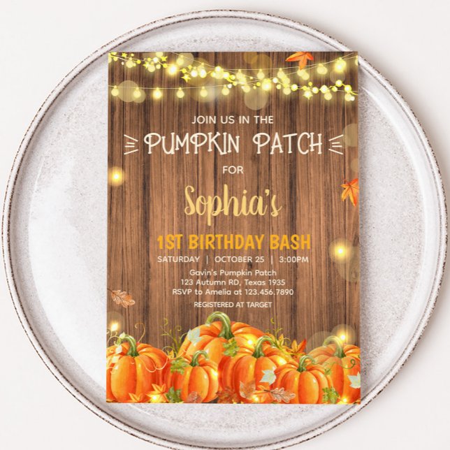 Invitación Cumpleaños de Parche de Calabaza Otoñal Rústico (Autumn Rustic Pumpkin Patch String Lights Birthday Invitation)