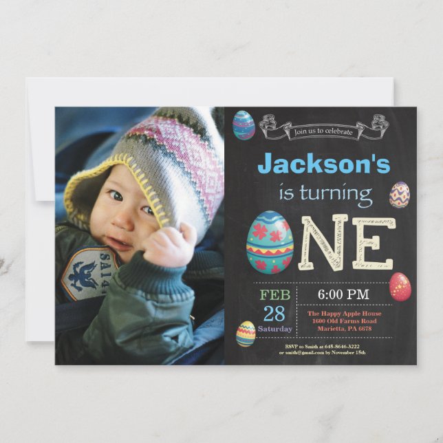 Invitación Cumpleaños de Pascua Niño Huevo de Pascua primer c (Anverso)
