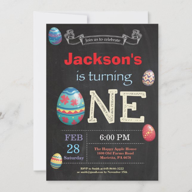 Invitación Cumpleaños de Pascua Niño Huevo de Pascua primer c (Anverso)