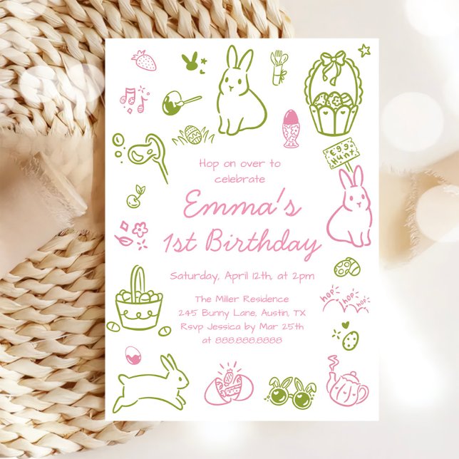 Invitación Cumpleaños de Pascua rosa y verde 1er (Subido por el creador)