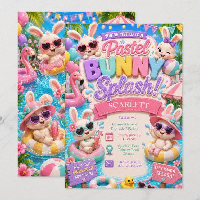 Invitación Cumpleaños de Pastel Bunny Splash - Fiesta en la P (Anverso / Reverso)