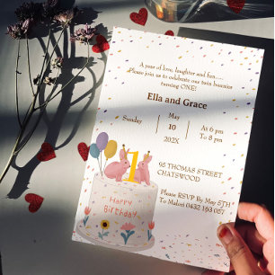 Invitación Cumpleaños de Pastel Bunny Twin Girls 1st