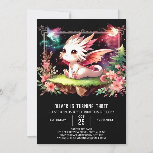 Invitación Cumpleaños de Pastel Cute Dragon (Anverso)
