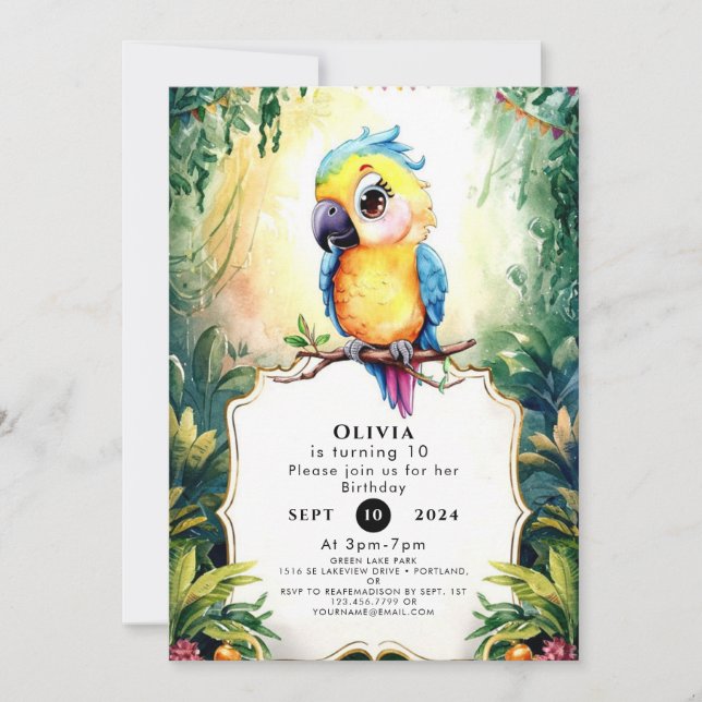 Invitación Cumpleaños de Pastel Fiesta Parrot (Anverso)