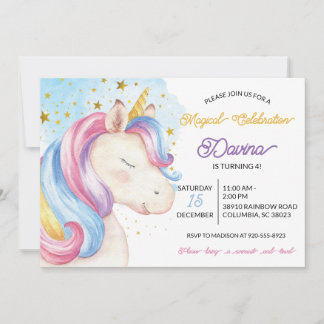Invitación Cumpleaños de Pastel Rainbow Unicorn