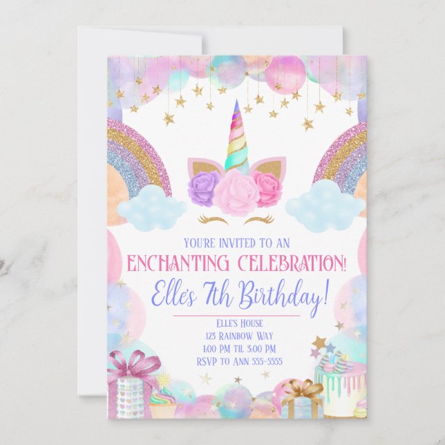 Invitación Cumpleaños de Pastel Rainbow Unicorn Chicas (Anverso)