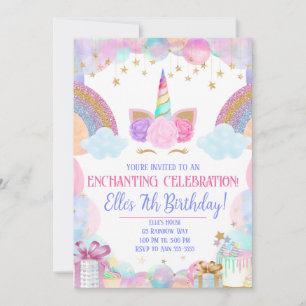 Invitación Cumpleaños de Pastel Rainbow Unicorn Chicas