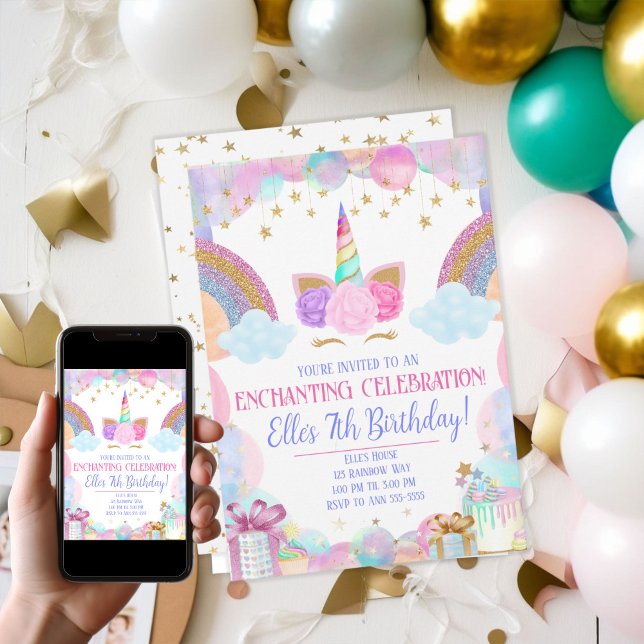Invitación Cumpleaños de Pastel Rainbow Unicorn Chicas (Pastel Rainbow Unicorn Girls Birthday Invitation)