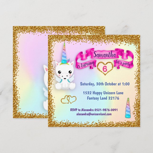Invitación Cumpleaños de Pastel y Purpurina de Oro Unicornio (Anverso / Reverso)