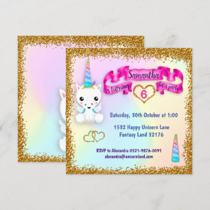 Invitación Cumpleaños de Pastel y Purpurina de Oro Unicornio
