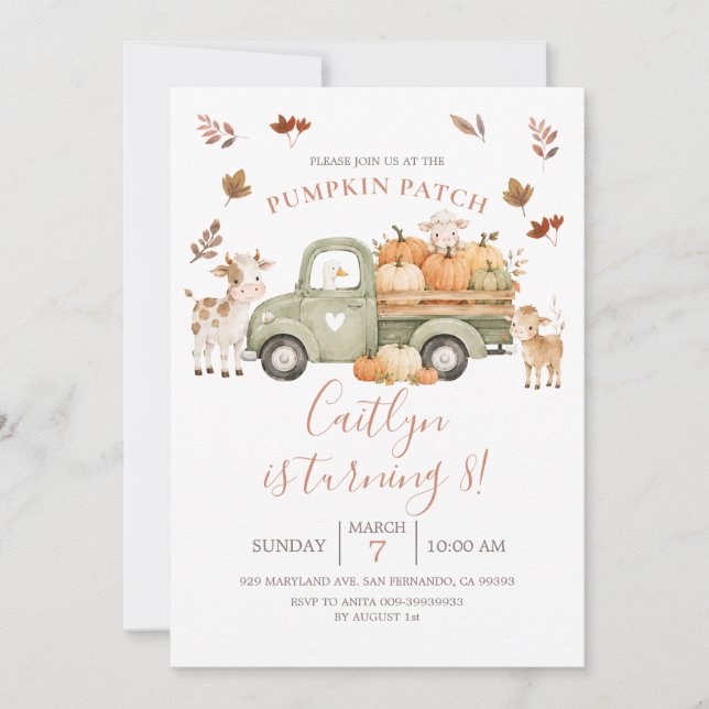 Invitación Cumpleaños de Patch de Calabaza de Camión de Otoño (Anverso)