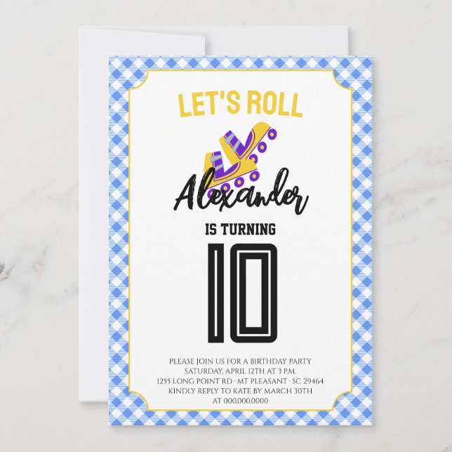 Invitación Cumpleaños de patinador sobre ruedas de Gingham Bo (Anverso)