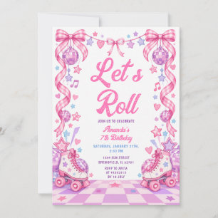 Invitación Cumpleaños de patinaje sobre ruedas Bow Pink Purpl