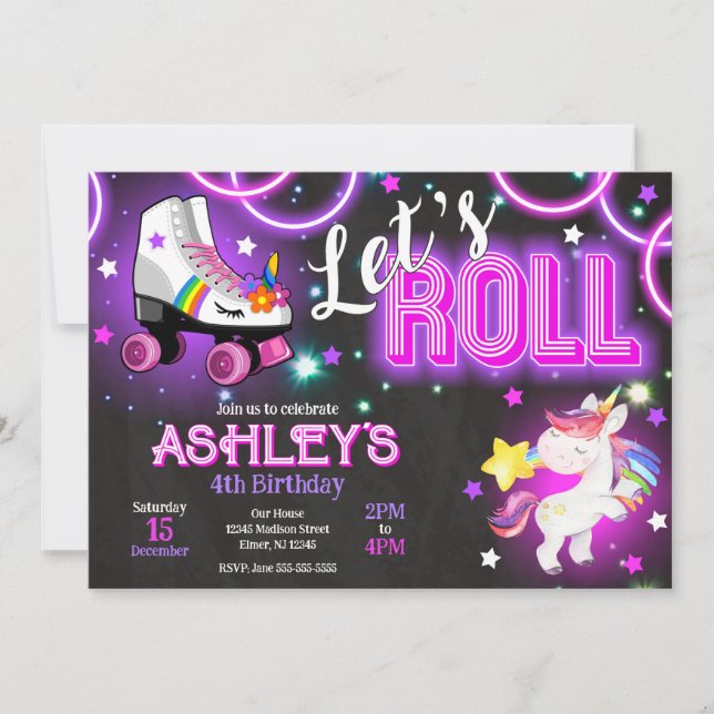 Invitación Cumpleaños de patinaje sobre ruedas de unicornio n (Anverso)