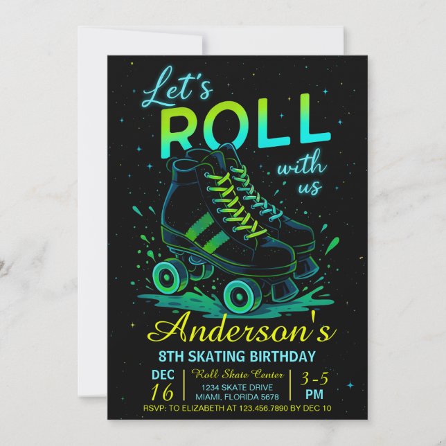 Invitación Cumpleaños de patines retro neon (Anverso)