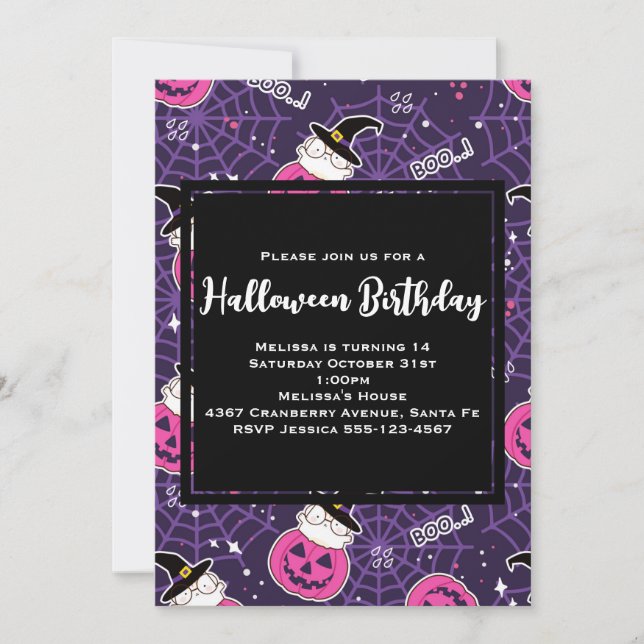 Invitación Cumpleaños de Patrón de Halloween de Gatos Lindos  (Anverso)