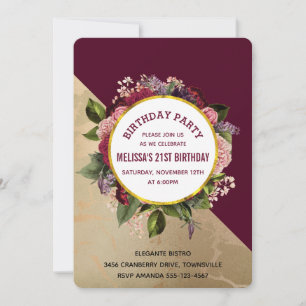 Invitación Cumpleaños de patrón de mármol dorado y floral bor