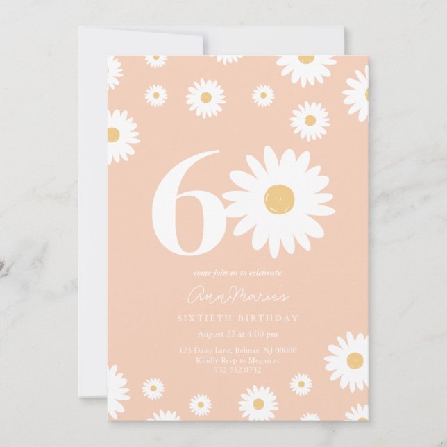 Invitación Cumpleaños de Patrón Floral Retro Sesenta Años (Anverso)