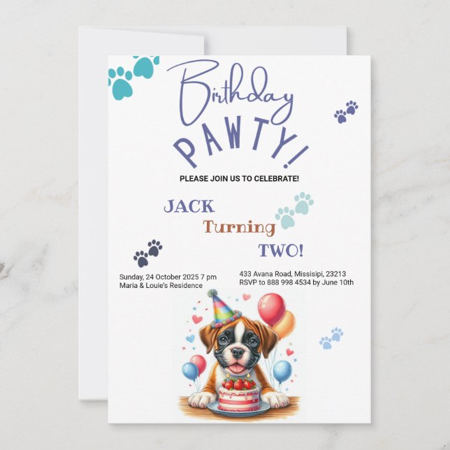 Invitación Cumpleaños de Patty Boxer Dog Personalizado Cumple (Anverso)