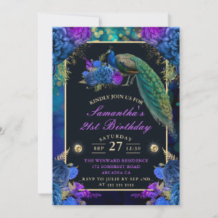 Invitación Cumpleaños de pavo real con flores azules y morada
