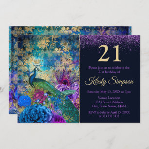 Invitación Cumpleaños de pavo real y flores ilustradas antigu