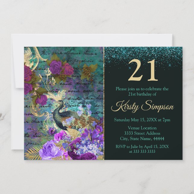 Invitación Cumpleaños de pavo real y flores ilustradas antigu (Anverso)