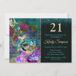 Invitación Cumpleaños de pavo real y flores ilustradas antigu
