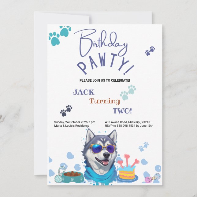Invitación Cumpleaños de Pawty Siberian Husky Dog (Anverso)