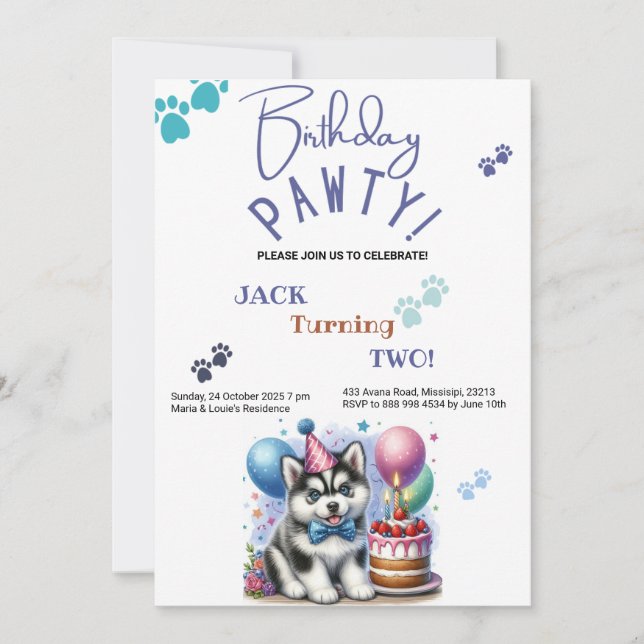 Invitación Cumpleaños de Pawty Siberian Husky Dog (Anverso)