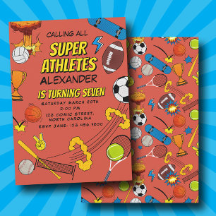 Invitación Cumpleaños de Pelotas Deportivas Retro de Cómic