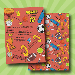 Invitación Cumpleaños de Pelotas Deportivas Retro de Cómic