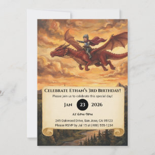 Invitación Cumpleaños de pequeño caballero montando un dragón