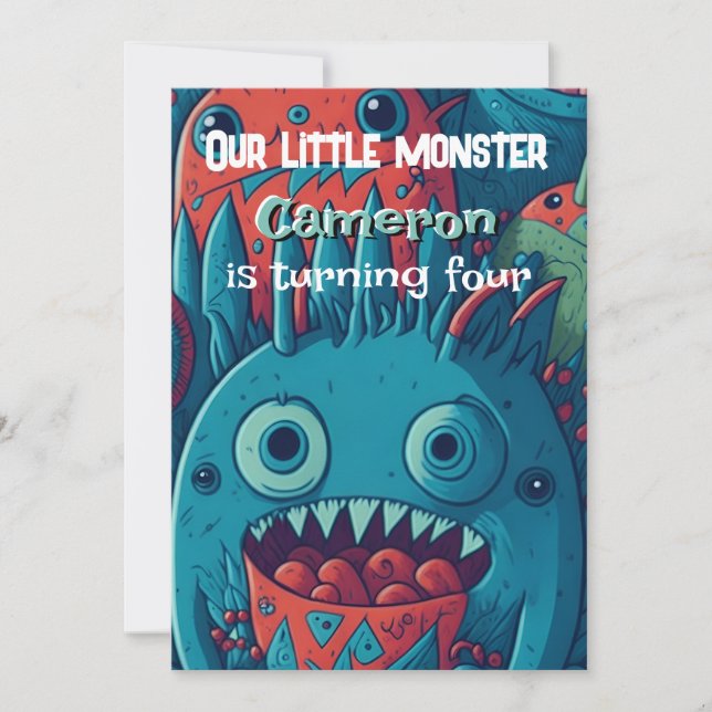 Invitación Cumpleaños de pequeño monstruo fiesta azul rojo (Anverso)